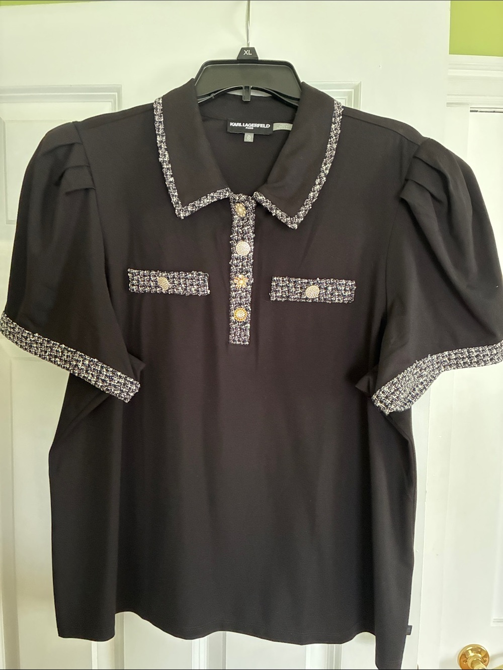 Karl Lagerfeld Black Short-Sleeve Polo with Tweed Trim - Picture 2 of 6